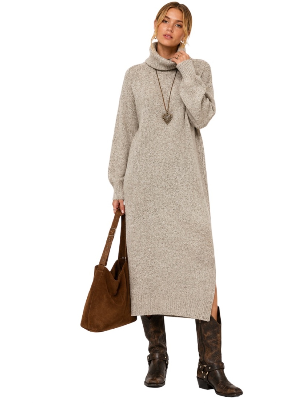 Yes Lola Grey Marled Turtleneck Midi Sweater Dress Size S Side Slits
